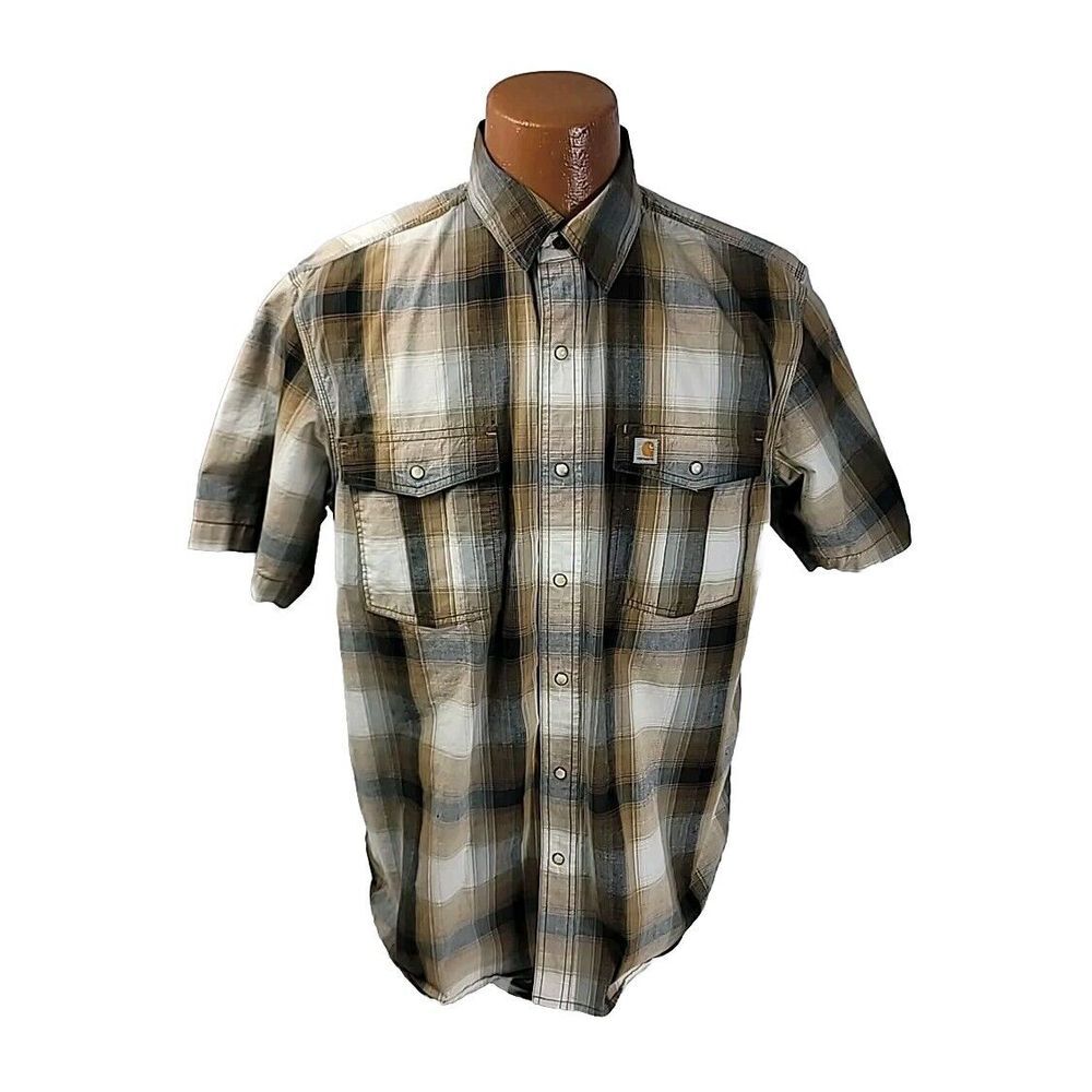 Carhartt Button‎ Shirt Men's Large Pearl Snap Short Sleeve Plaid Western